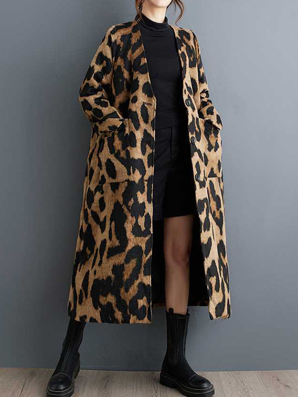 Buttoned Leopard Pockets Split-Joint Long Sleeves Loose V-Neck Trench Coats Outerwear