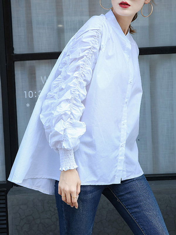 Elasticity Pleated Solid Color Split-Joint High-Low Long Sleeves Round-Neck Blouses