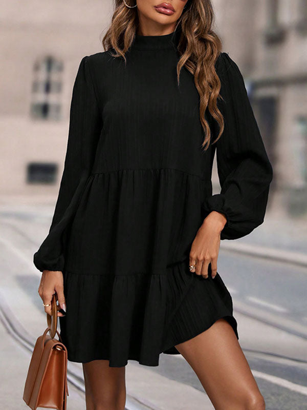 Hollow Pleated Solid Color Split-Joint A-Line Long Sleeves Mock Neck Mini Dresses