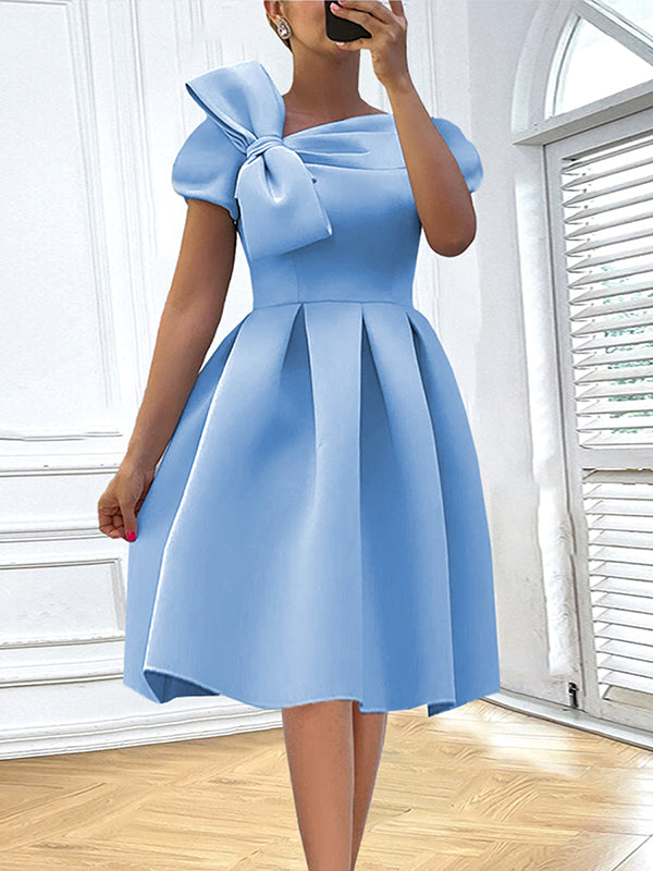 Solid Color Bowknot High-Waisted Tied Waist A-Line Midi Dresses