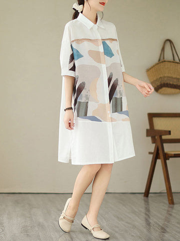 Buttoned Printed Split-side A-line Loose Lapel Shirt Dress Midi Dresses