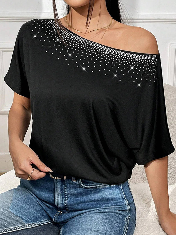 Rhinestone Split-Joint Batwing Sleeves Loose One-Shoulder T-Shirts