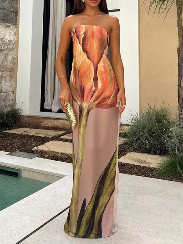 Flower Print Split-Back Bodycon Sleeveless Tube Maxi Dresses