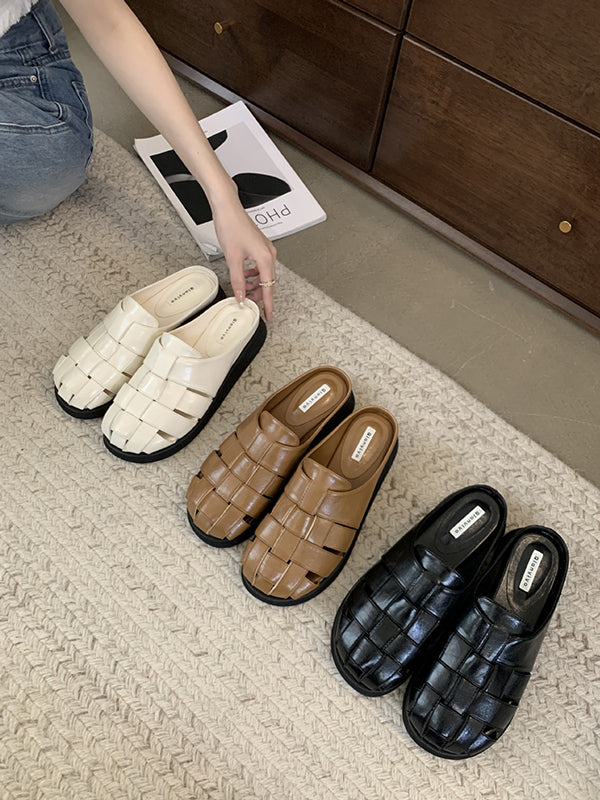 Hollow Round-Toe Split-Joint Woven Slippers&Mules Sandals