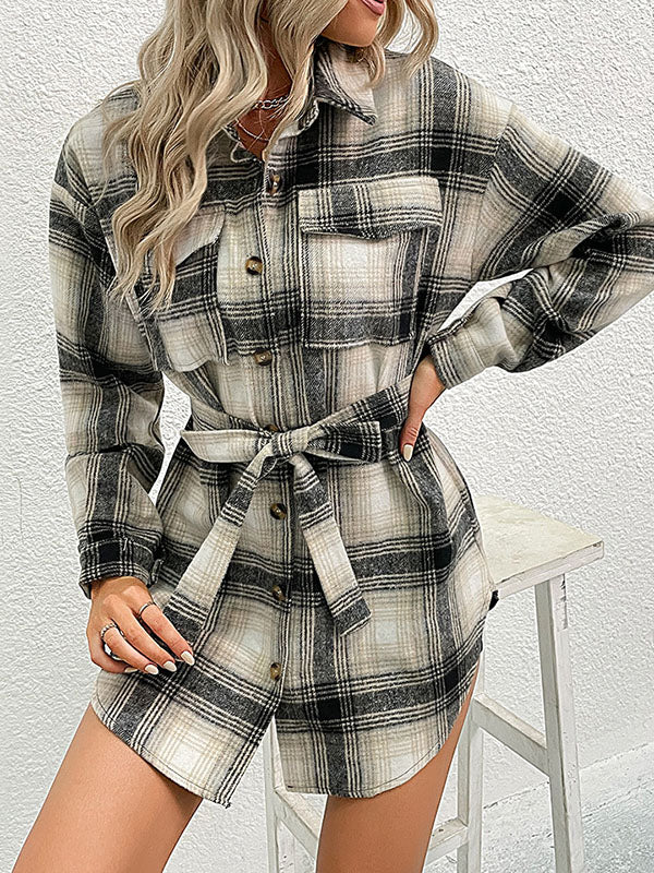 Pleated Pockets Split-Joint Tied Waist Long Sleeves Loose Lapel Blouses&Shirts Tops