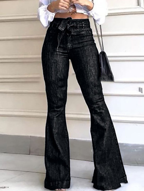 Solid Color Tied Waist Flared Pants High Waisted Jean Pants Bottoms