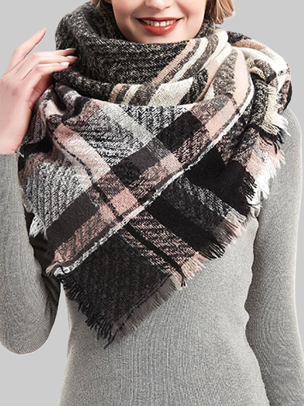 Fringed Keep Warm Plaid Triangle Shawl&Scarf