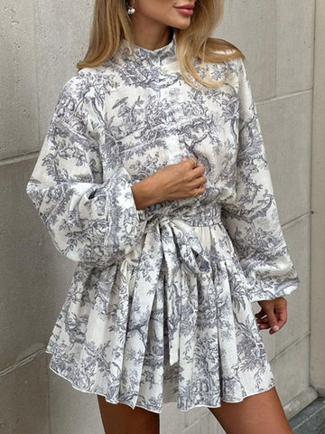 Pleated Printed Split-Joint Tied Waist Loose Puff Sleeves Stand Collar Mini Dresses