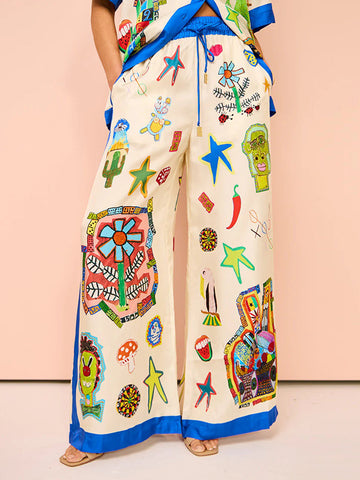 Asymmetric Printed Split-Joint High Waisted Loose Trousers Pants