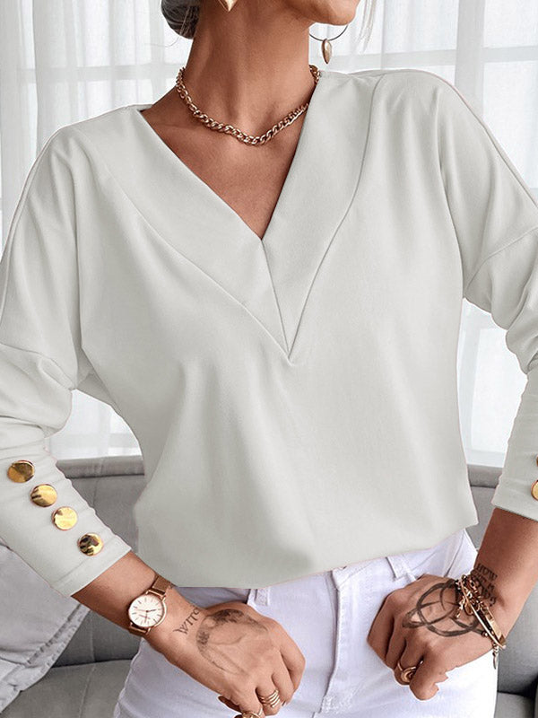 Buttoned Long Sleeves Loose V-Neck T-Shirts Tops