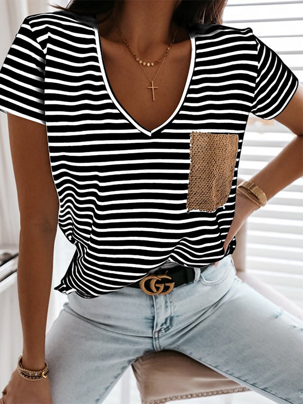 Pockets Sequined Split-Joint Striped Loose Short Sleeves V-neck T-Shirts Tops