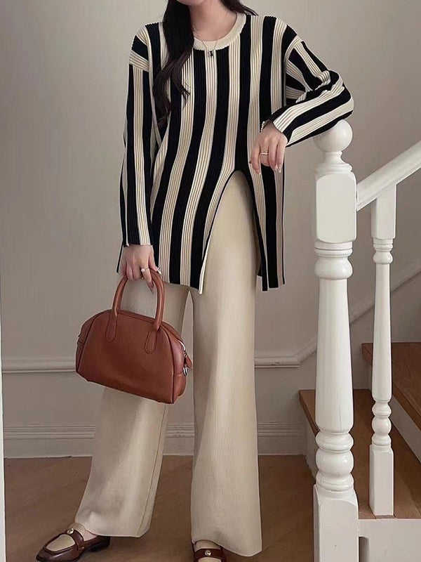 Round-Neck Long Sleeves Loose Pleated Split-Front Striped T-shirt Top + Pants Bottom Two Pieces Set