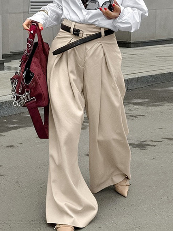 Pleated Solid Color Split-Joint High Waisted Loose Trousers Suit Pants