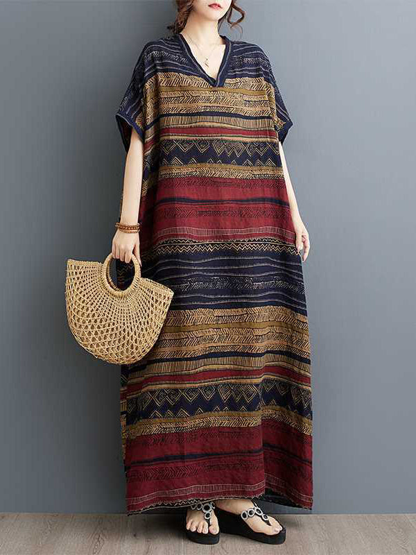 Split-Joint Striped A-Line Batwing Sleeves V-Neck Maxi Dresses