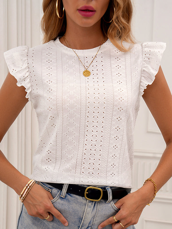 Hollow Pleated Solid Color Split-Joint Loose Ruffle Sleeves Round-Neck T-Shirts Tops