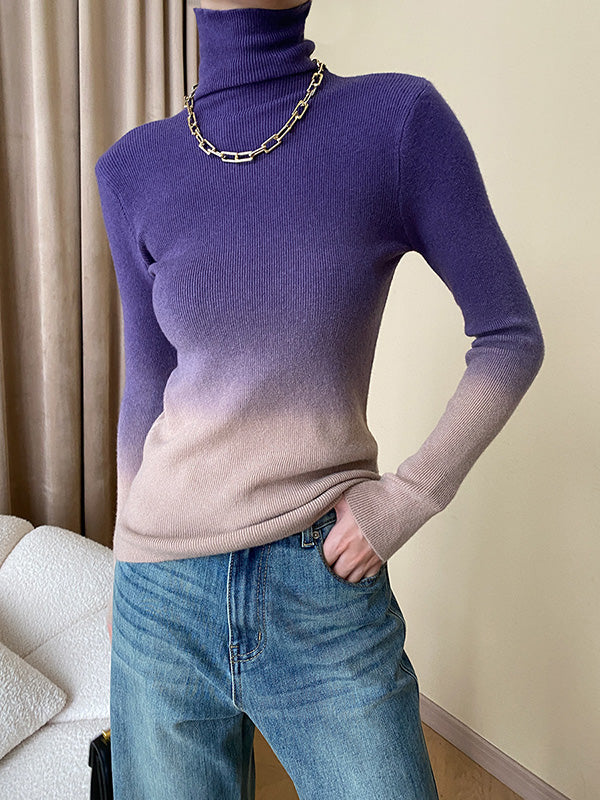 Gradient Long Sleeves Skinny High-Neck Sweater Tops Pullovers