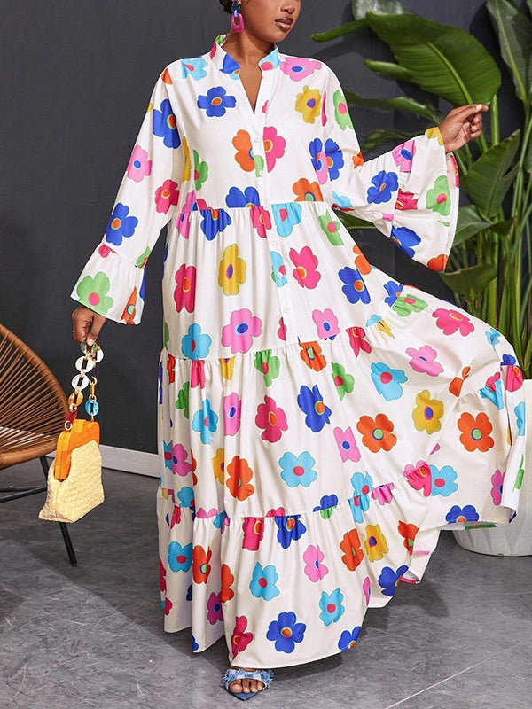 Buttoned Flower Print Split-Joint Flared Sleeves Loose Stand Collar Maxi Shirt Dresses