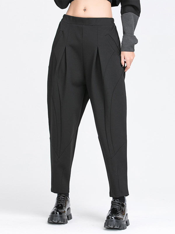 Elasticity Pleated Pockets Solid Color Split-Joint Harem Pants Loose Pants