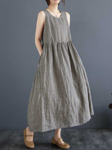 Drawstring Elasticity Plaid Pockets A-Line Loose Round-Neck Midi Dresses