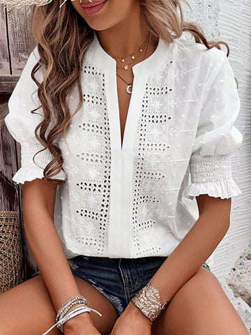 Elasticity Embroidered Hollow Solid Color Half Sleeves Loose V-Neck Blouses&Shirts Tops