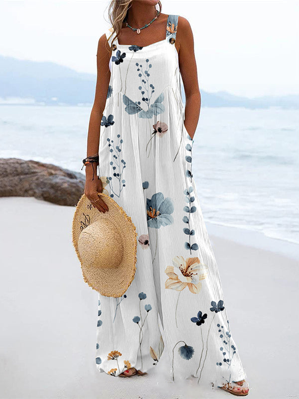 Buttoned Flower Print Pleated Pockets Split-Joint Loose Sleeveless Square-Neck Jumpsuits