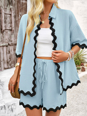 Loose Short Sleeves Split-Joint Lapel Blouse + Drawstring Elasticity Shorts Two Pieces Set