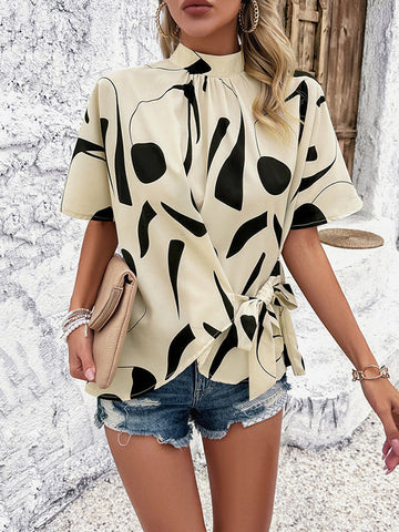 Asymmetric Pleated Printed Tied Half Sleeves Loose Mock Neck Blouses&Shirts Tops