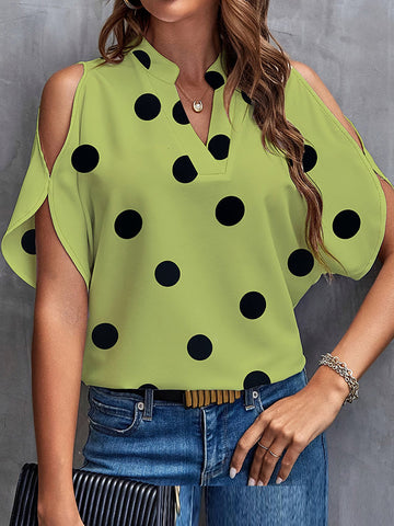 Hollow Polka-Dot Split-Joint Half Sleeves Loose Cold Shoulder Blouses&Shirts Tops