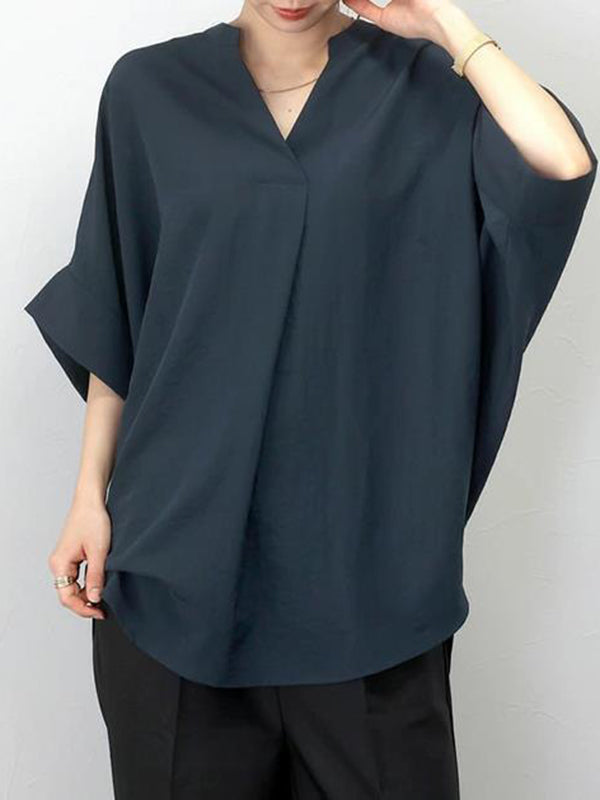 Pleated Solid Color Split-Joint Half Sleeves High-low V-neck Blouses&shirts Tops