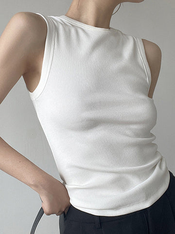 See-Through Solid Color Split-Joint Skinny Sleeveless Round-neck Vest Top