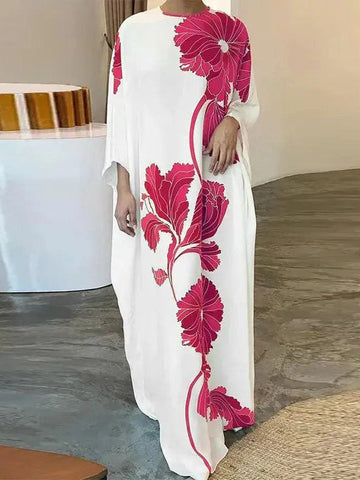 Floral Printed Batwing Sleeves Loose Round-neck Maxi Dresses Evening Dresses