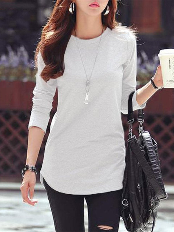 Solid Color Long Sleeves Round-Neck T-Shirts Tops