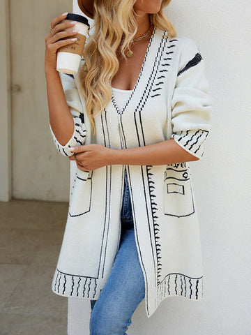 Jacquard Split-Joint Long Sleeves Loose V-Neck Cardigan Tops