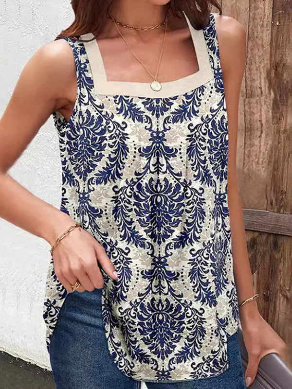 Pleated Printed Split-Joint Loose Plus Size Square-Neck Vest Top