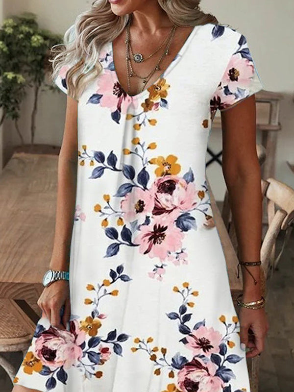 Flower Print Roomy Short Sleeves V-Neck Mini Dresses