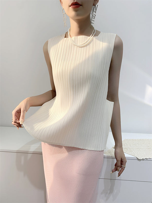 Pleated Solid Color Split-Joint Loose Sleeveless Square-Neck Vest Top