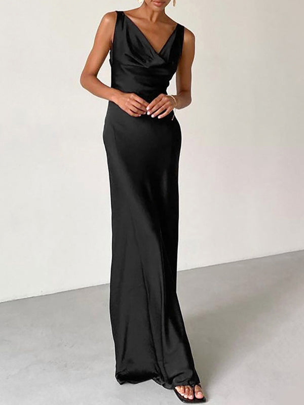 Solid Color Bodycon High Waisted V-Neck Maxi Dresses