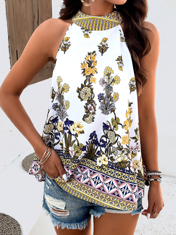 Flower Print Split-Joint Tied A-Line Loose Mock Neck Vest Top