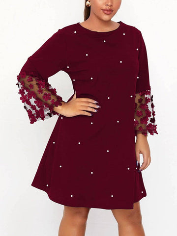 Mesh Polka-Dot Split-Joint Three-Dimensional Flower A-line Loose Round-neck Mini Dresses