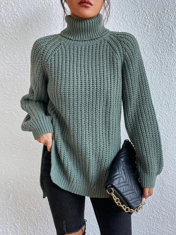 Solid Color Split-side Long Sleeves Loose High Neck Sweater Tops Pullovers