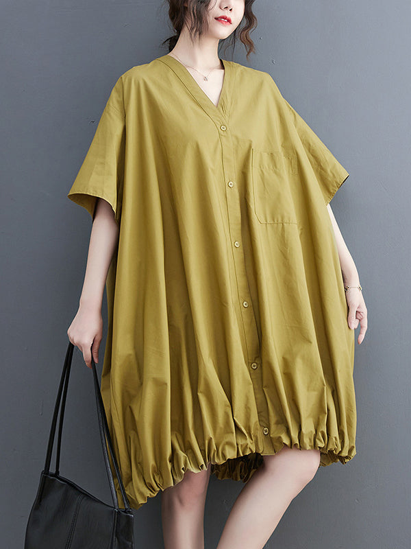 Elasticity Solid Color Half Sleeves Loose V-Neck Mini Dresses