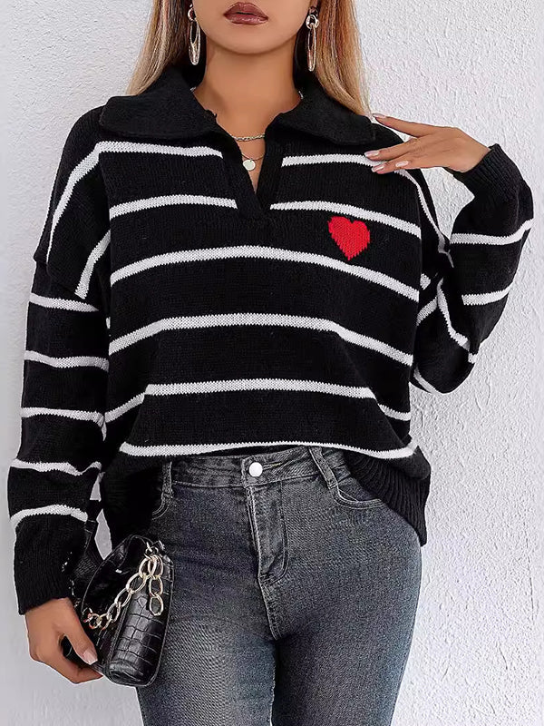 Heart Print Split-Joint Striped Long Sleeves Loose Lapel Sweater Tops