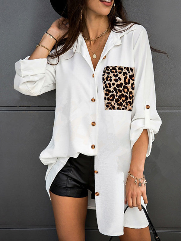 Leopard Split-Joint Long Sleeves Loose Lapel Blouses