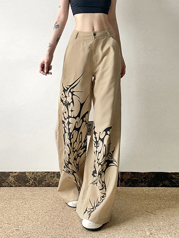 Asymmetric Printed Split-Joint High Waisted Loose Trousers Pants