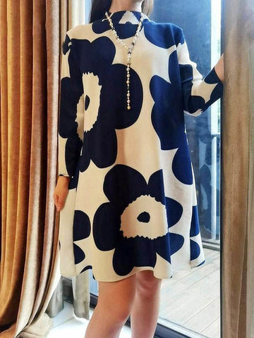 Flower Print Pleated Long Sleeves Loose Mock Neck Mini Dresses