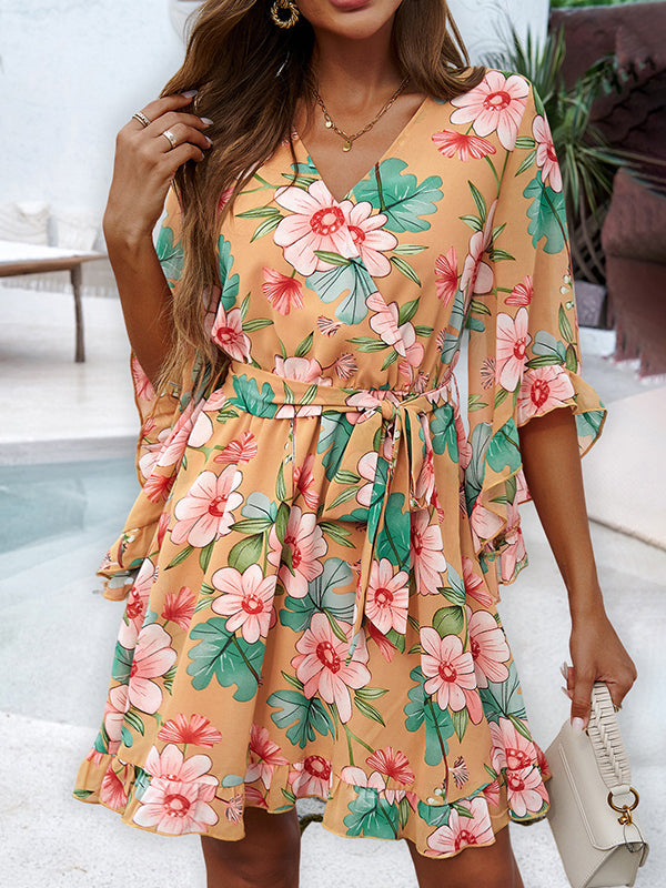 Flower Print Ruffle Trim Split-Joint Tied Waist Flared Sleeves Half Sleeves V-neck Mini Dresses