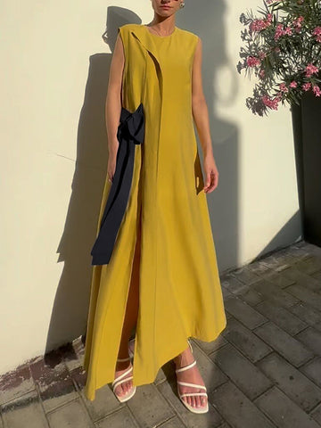 Asymmetric Contrast Color Split-Side Tied Loose Sleeveless Round-Neck Maxi Dresses