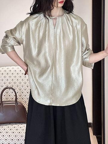 Hollow Shiny Pure Color Long Sleeves Roomy Round-Neck Blouses&Shirts Tops