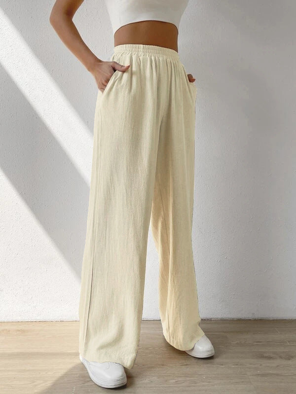 Elasticity Solid Color Split-Joint High Waisted Loose Trousers Pants