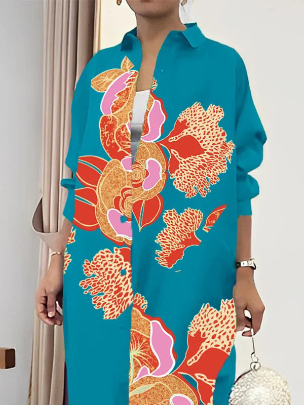 Printed Split-Joint Split-Side Long Sleeves Loose Lapel Shirt Dress Maxi Dresses